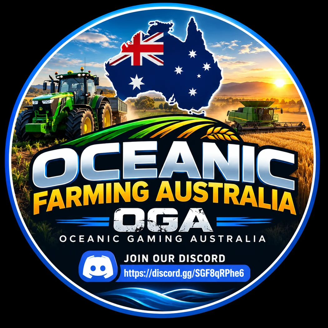 Oceanic Farming Australia badge with Australian farming landscape and tractors