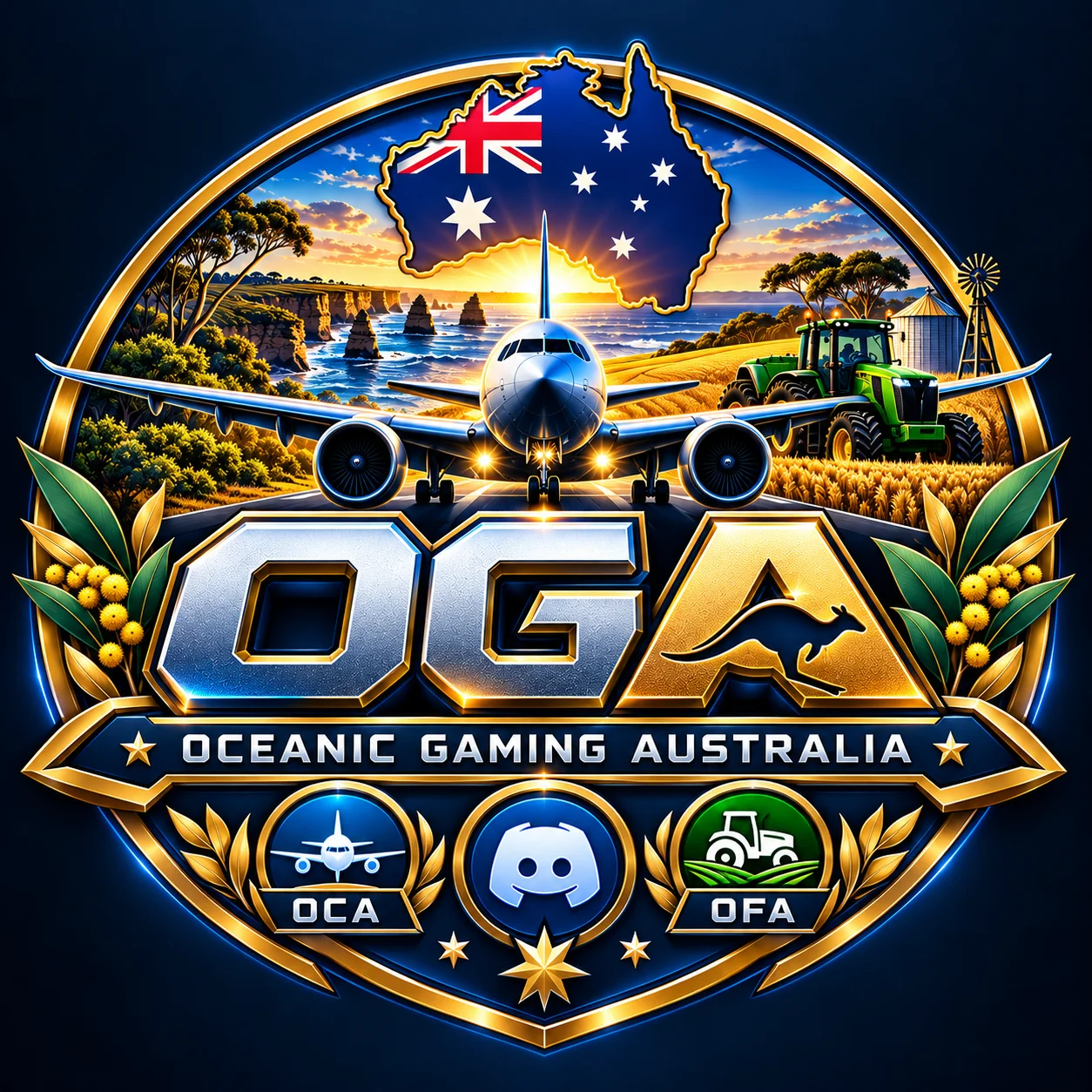 OGA crest with an Australian flag, aircraft, tractor, OCA, OFA and Discord